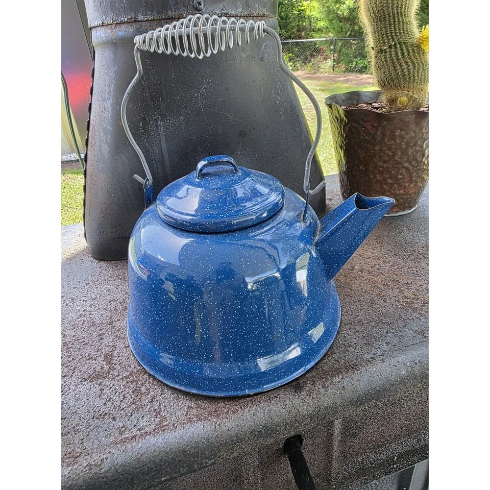 VTG Blue Speckled Enamelware Coffee Tea Pot Kettle 7